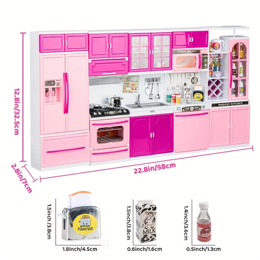 Pink Kitchen Toy Set 64pcs with Lights & Sounds, Mini Furniture Doll Playset for Girls, Pretend Play Kitchen Accessories — im