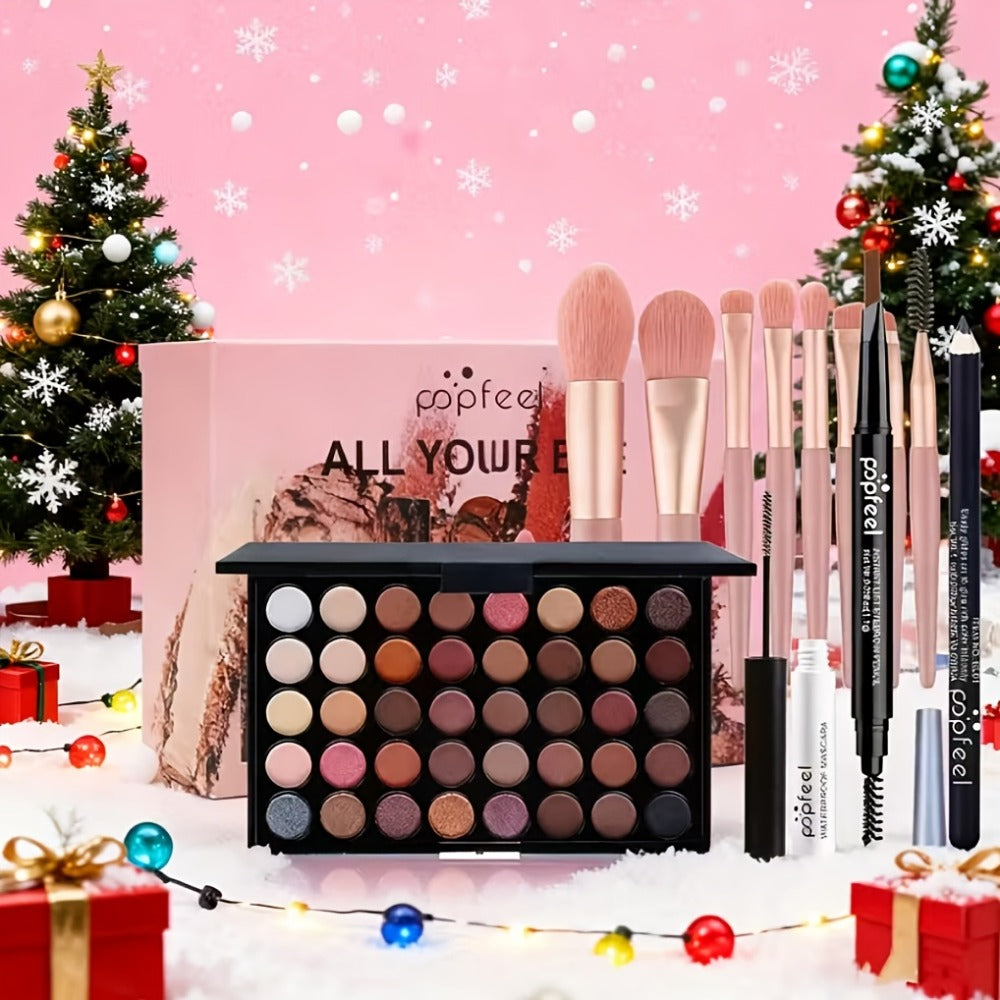Makeup Gift Set POPFEEL 29-Color Eyeshadow Palette + Mascara + Eyeliner + Brow Pencil + Highlighter Powder + 7-Piece Brush Se