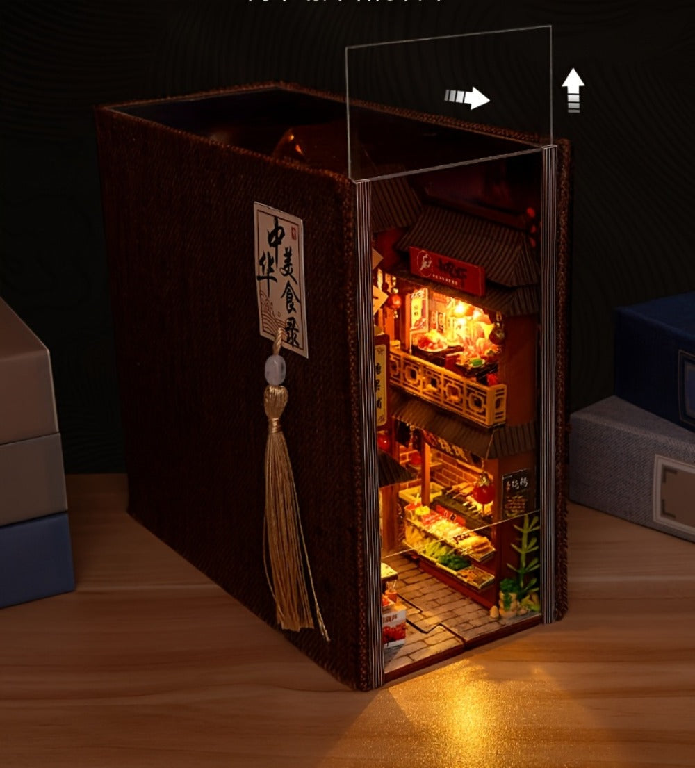 Book Nook Kit Chinese Food Street Miniature Dollhouse 3D Wooden Puzzle Bookshelf Insert DIY Model Building Set for Adults Tee