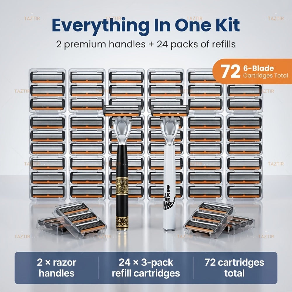Luxury Men's Razor Set 6-Layer Blades – 2 Ergonomic Anti-Slip Handles & 72 Replaceable Blades, Precision Manual Shaving Kit —