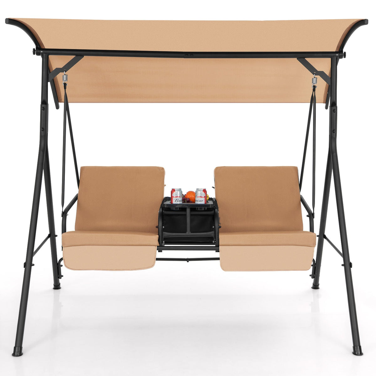 Patio Canopy Swing 2-Person with Cooler Bag Rotatable Tray Cushions 529lbs Backyard — image 2
