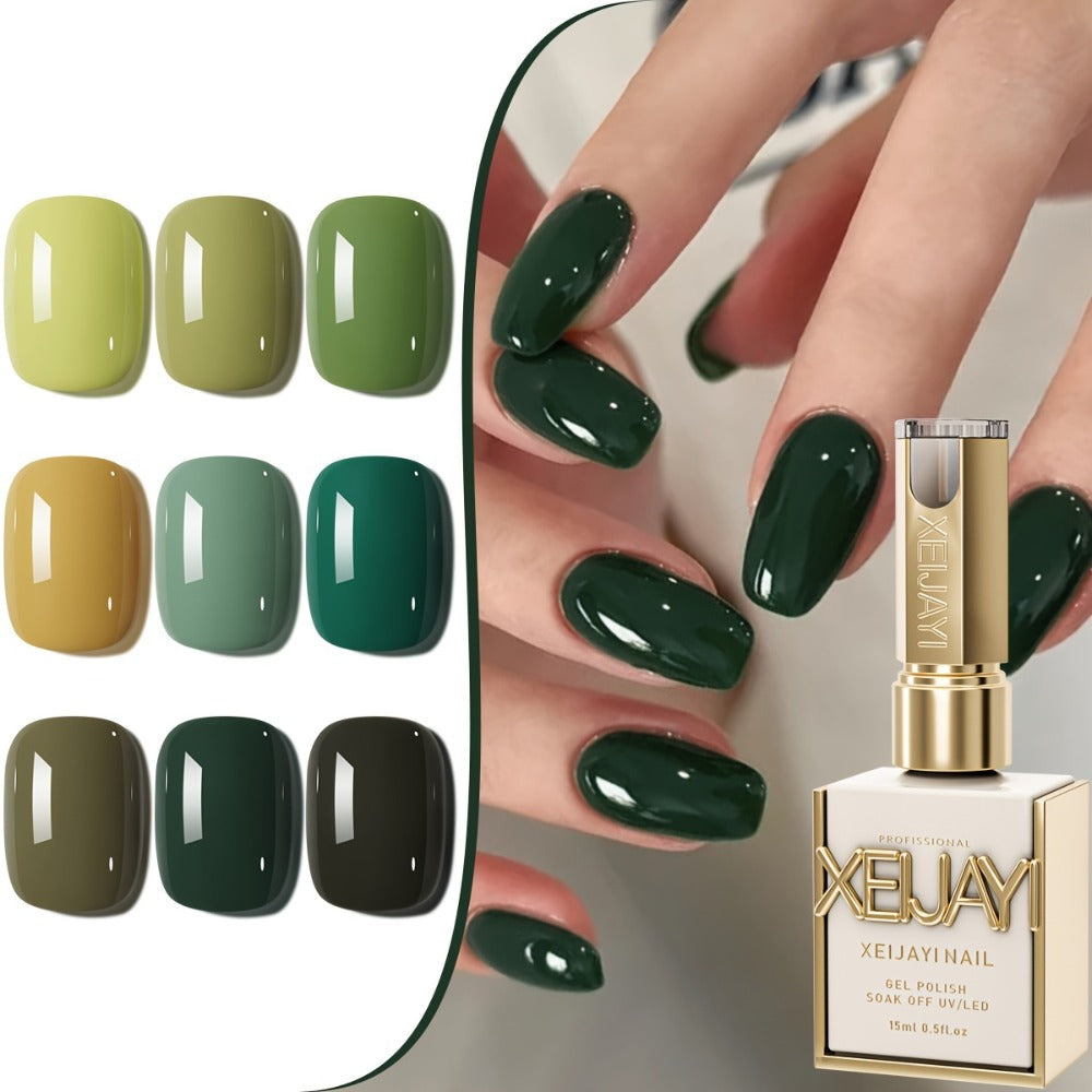 Gel Nail Polish Set with XEIJAYI Label, 9 Green Forest Colors in 0.51oz Photo Frame Bottles — image 1
