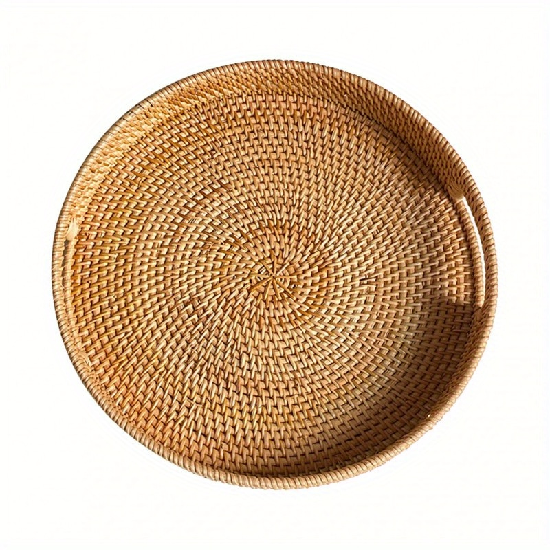 Serving Tray Basket – Hand-Woven Round Rattan Organizer for Fruits Bread Snacks, for Home Cooking, Dining and Outdoor Meals —