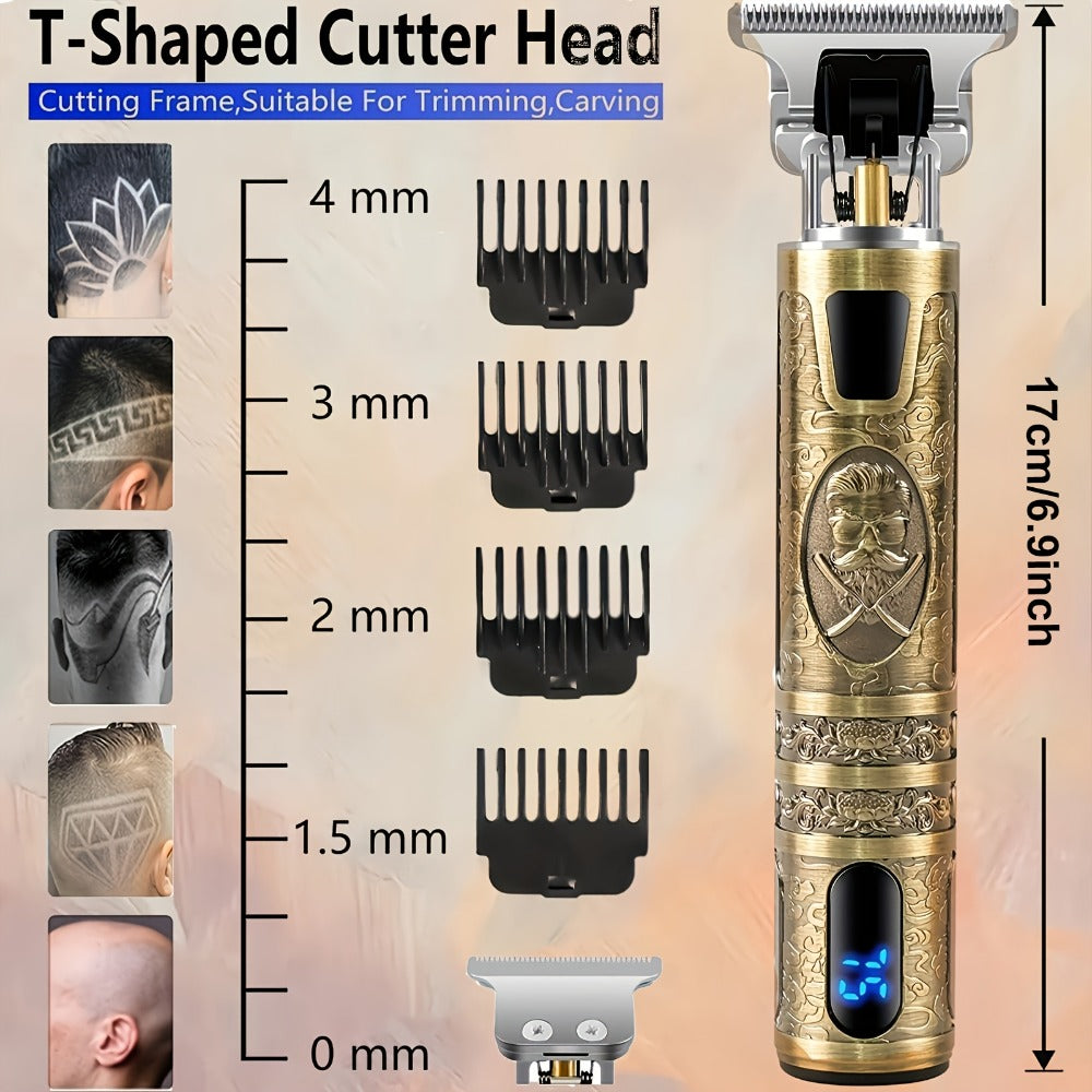 LED Hair Trimmer for Men – T-Blade USB Rechargeable 2000mAh, Vintage Dragon & Mustache Design, 4 Guide Combs, Cordless Precis