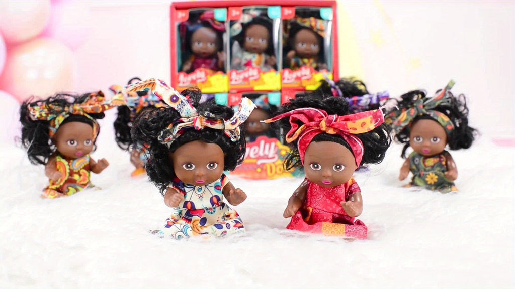 Mini Baby Doll Six-Piece Set with Dark Skin Tones, 4.53-Inch Dolls, Curly Hair and Patterned Outfits — image 8