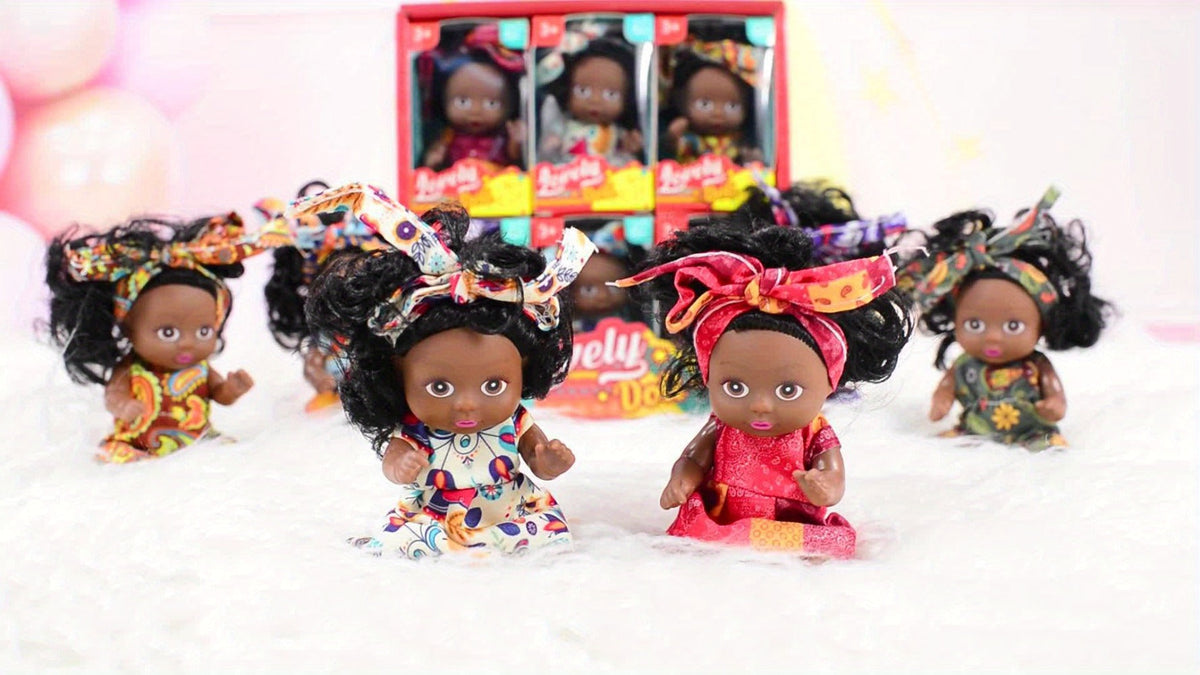 Mini Baby Doll Six-Piece Set with Dark Skin Tones, 4.53-Inch Dolls, Curly Hair and Patterned Outfits — image 8