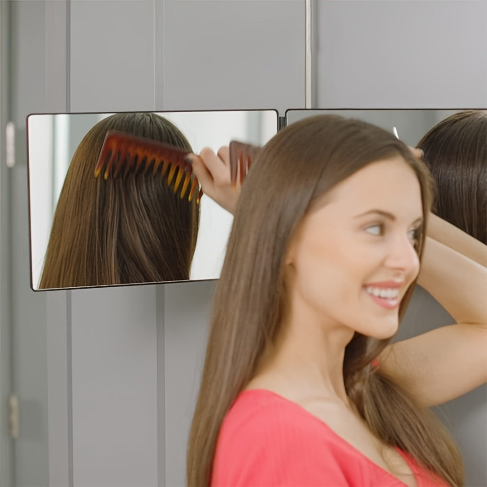 Three-Way Folding Mirror for Haircutting 360° View Anti-Fog HD Glass Height-Adjustable Telescopic Hook – Foldable Three-Sided