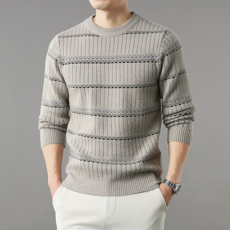 Mens Knitted Fleece-lined Thick Crew-neck Faux Mink Sweater