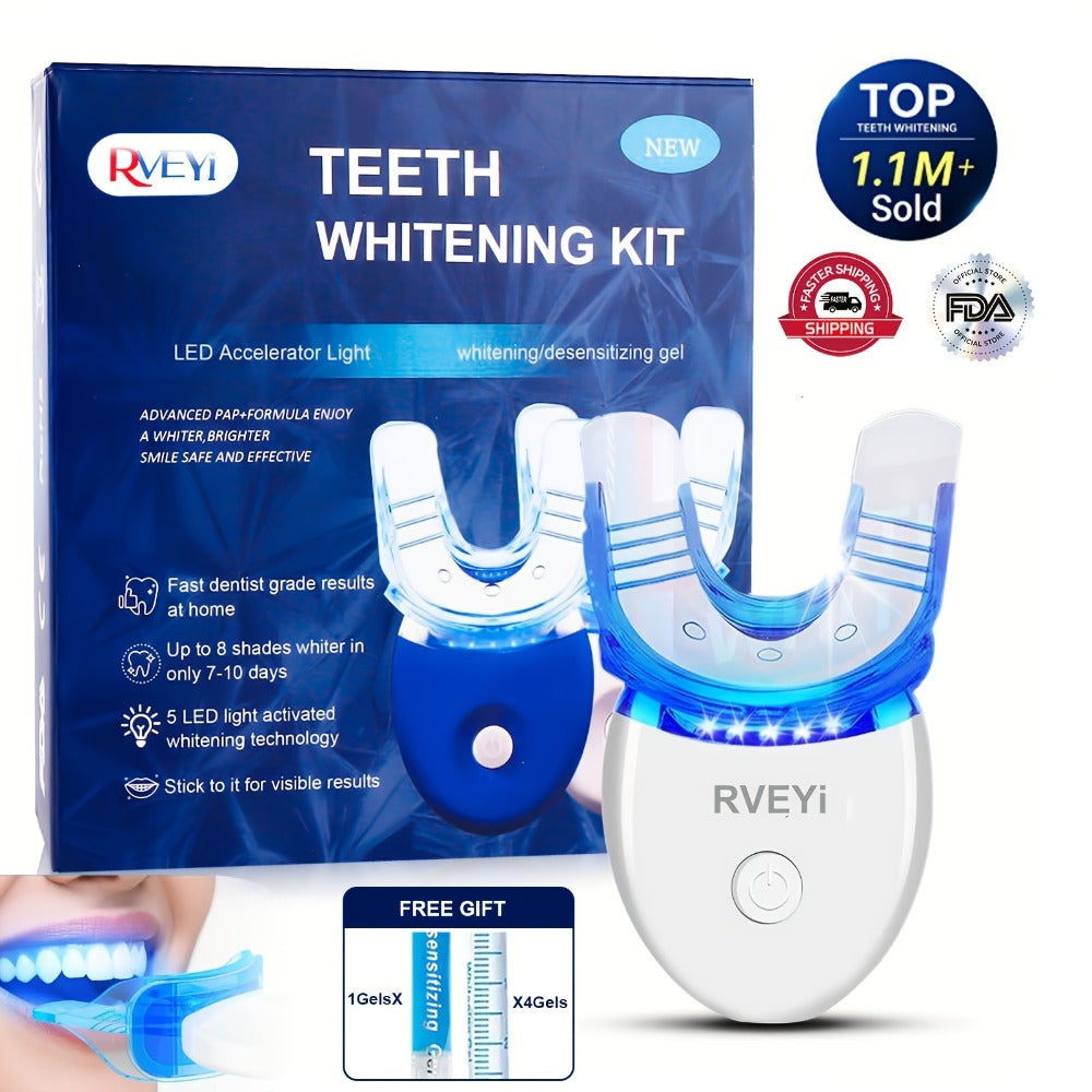 White or Blue Five-LED Teeth Whitening Kit with Five Gel Syringes and 10.8 cm Mouthpiece Device — image 1