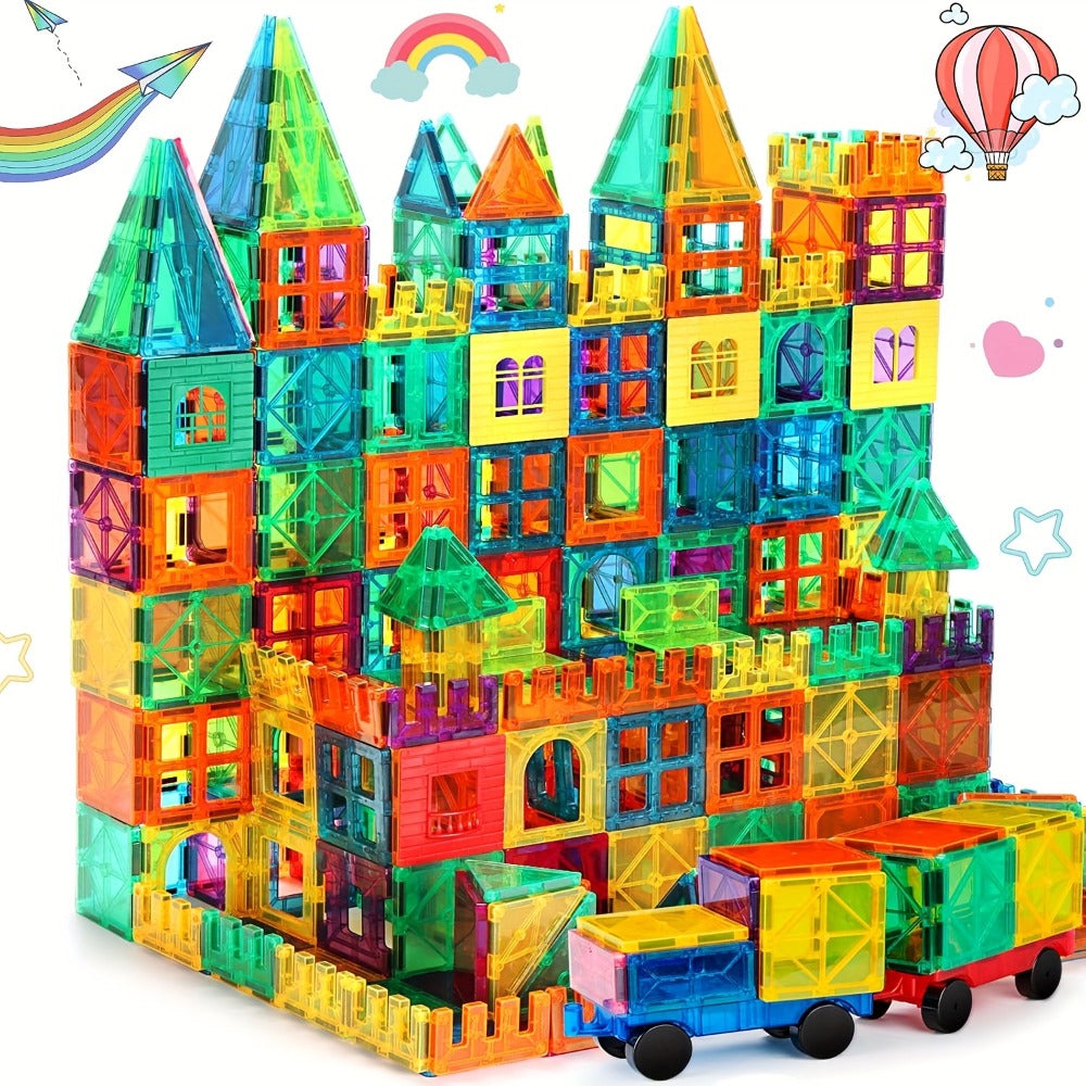 Magnetic Tiles 120-Piece Translucent Castle Building Set with Two Rolling Car Bases and Multicolor Shapes — image 1