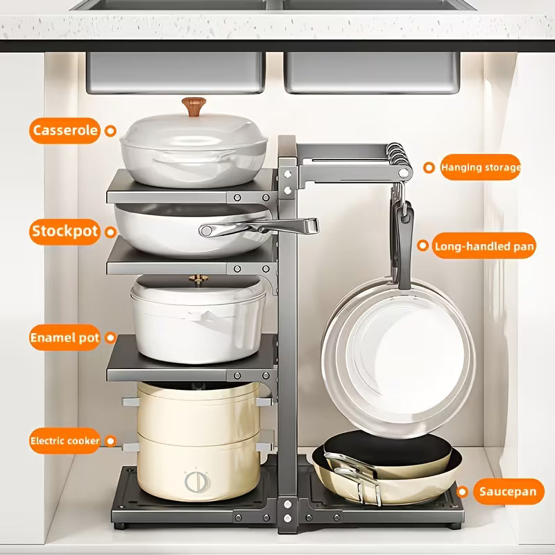 5-Tier Adjustable Carbon Steel Pot and Utensil Storage Rack with Hooks