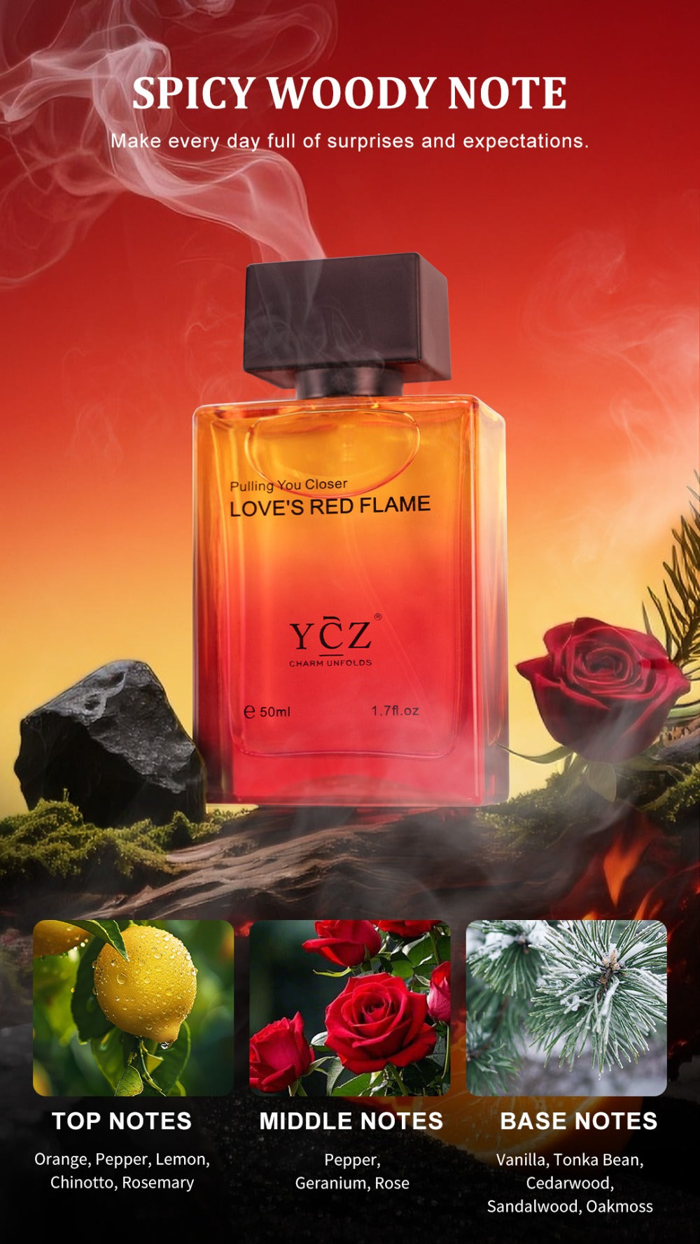 Cologne Eau de Parfum for Men YCZ LOVE'S RED 1.7 fl oz Spray with Red Glass Bottle and Box — image 9