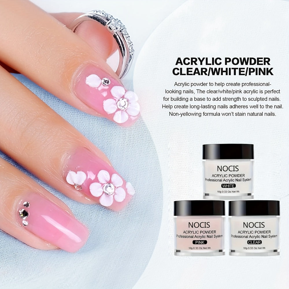 Acrylic Nail Kit NOCIS Clear, Pink and White Powder Set with Liquid Monomer, Five Brushes, File and Mixing Cup — image 5