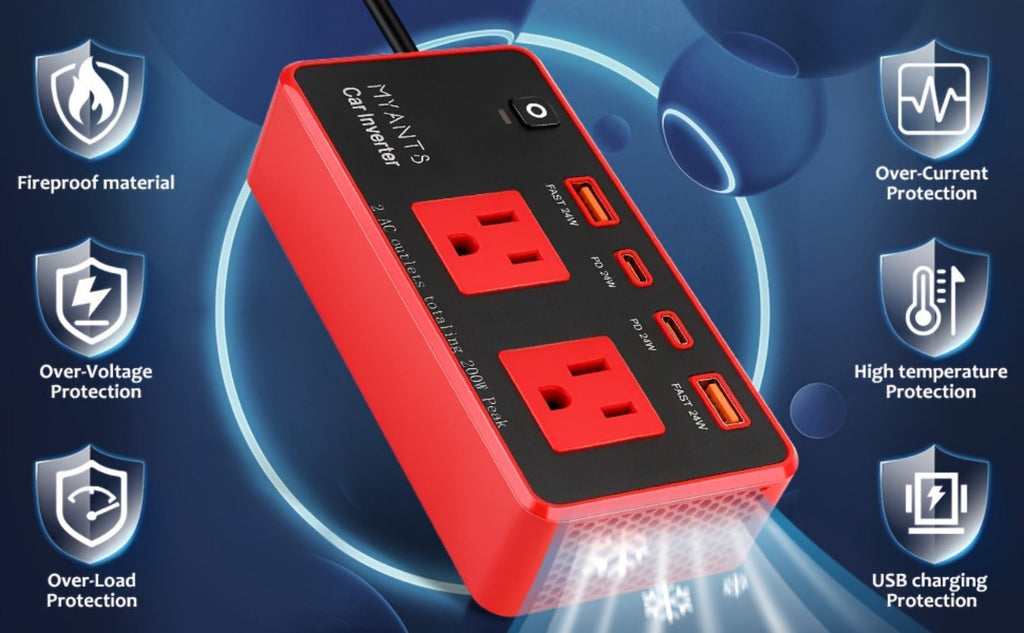 Car Power Inverter 200W – 12V DC to 110V AC, 4 USB Ports (PD & QC 3.0), Fast Charging Car Outlet Adapter for Road Trips — ima