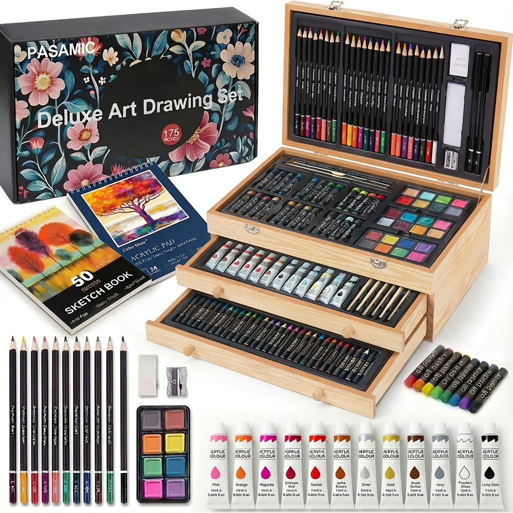 172 Piece Deluxe Art Set in Wooden Case with 2 Drawing Pads Crayons Acrylic with the Listed Color, Size or Set Options for Ev