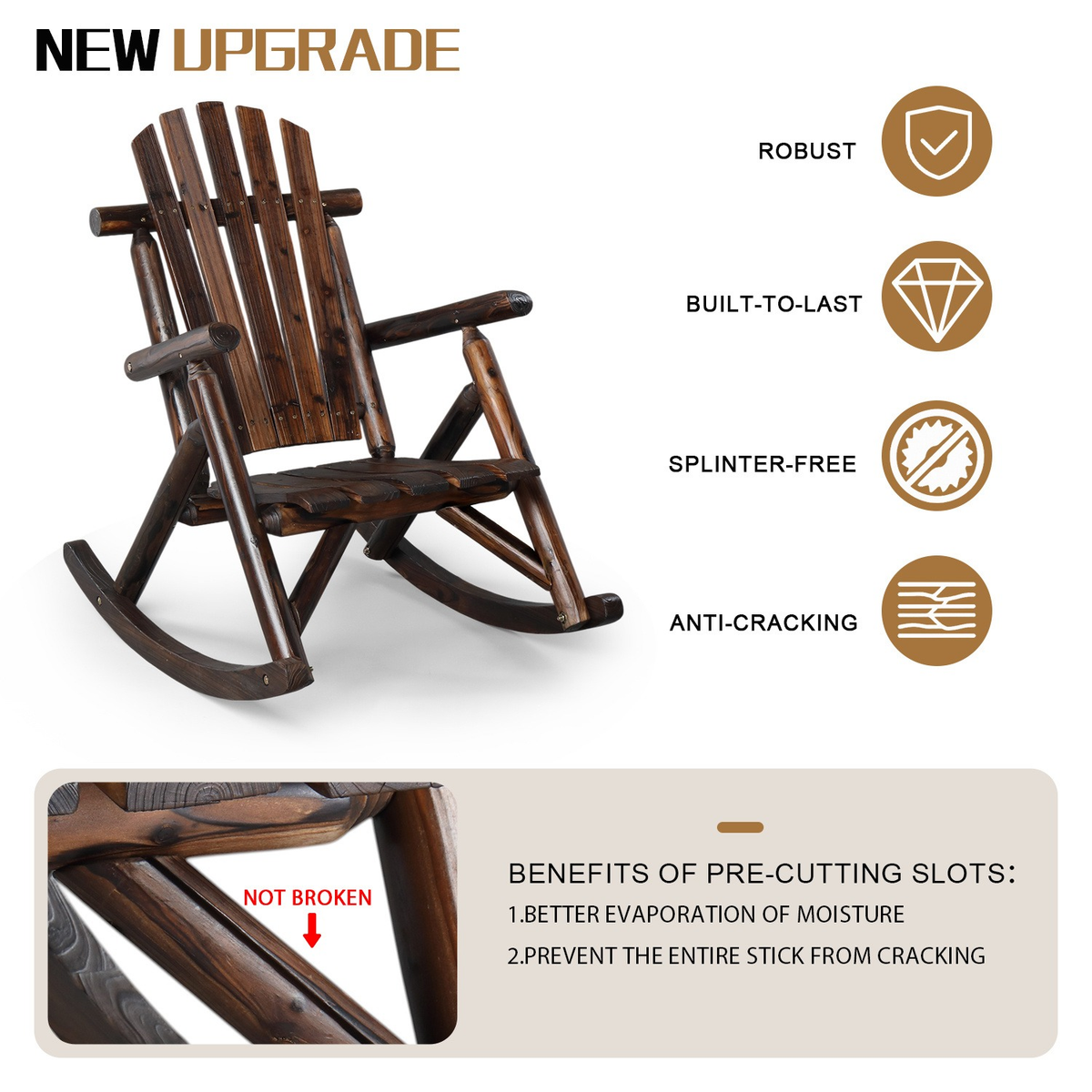 Patio Cedar Rocking Chair 26" Fan-Shaped Backrest Outdoor Rocker for Garden Poolside Patio — image 6