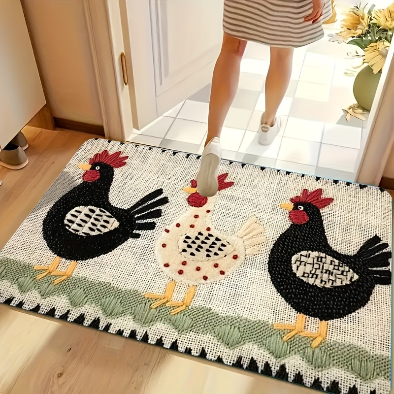 Rooster Print Door Mat with Light Striped Field and Fringed-Look Border in Three Rectangles or One Runner — image 6