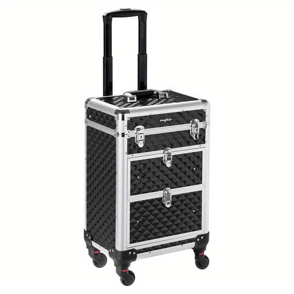 Black Rolling Makeup Train Case with Four Wheels, Telescoping Handle, Three Top Trays and Two Drawers — image 19
