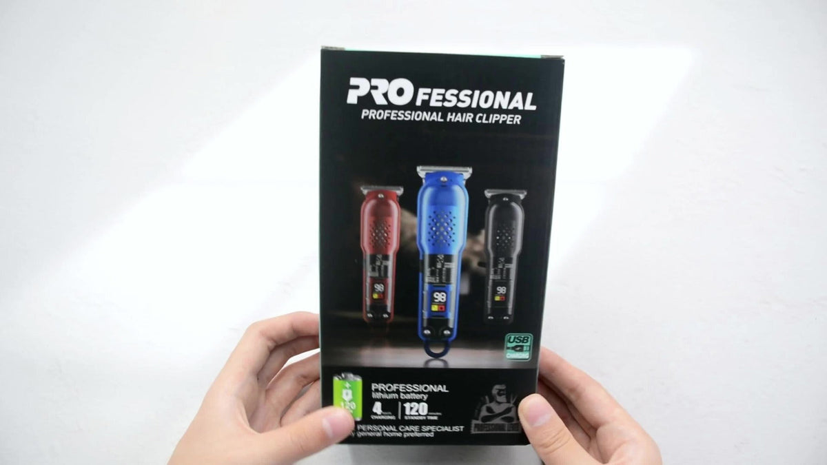 Transparent Electric Hair Clipper with Digital Display, Four Guide Combs, Grooming Tools and Red, Black or Blue Finish — imag