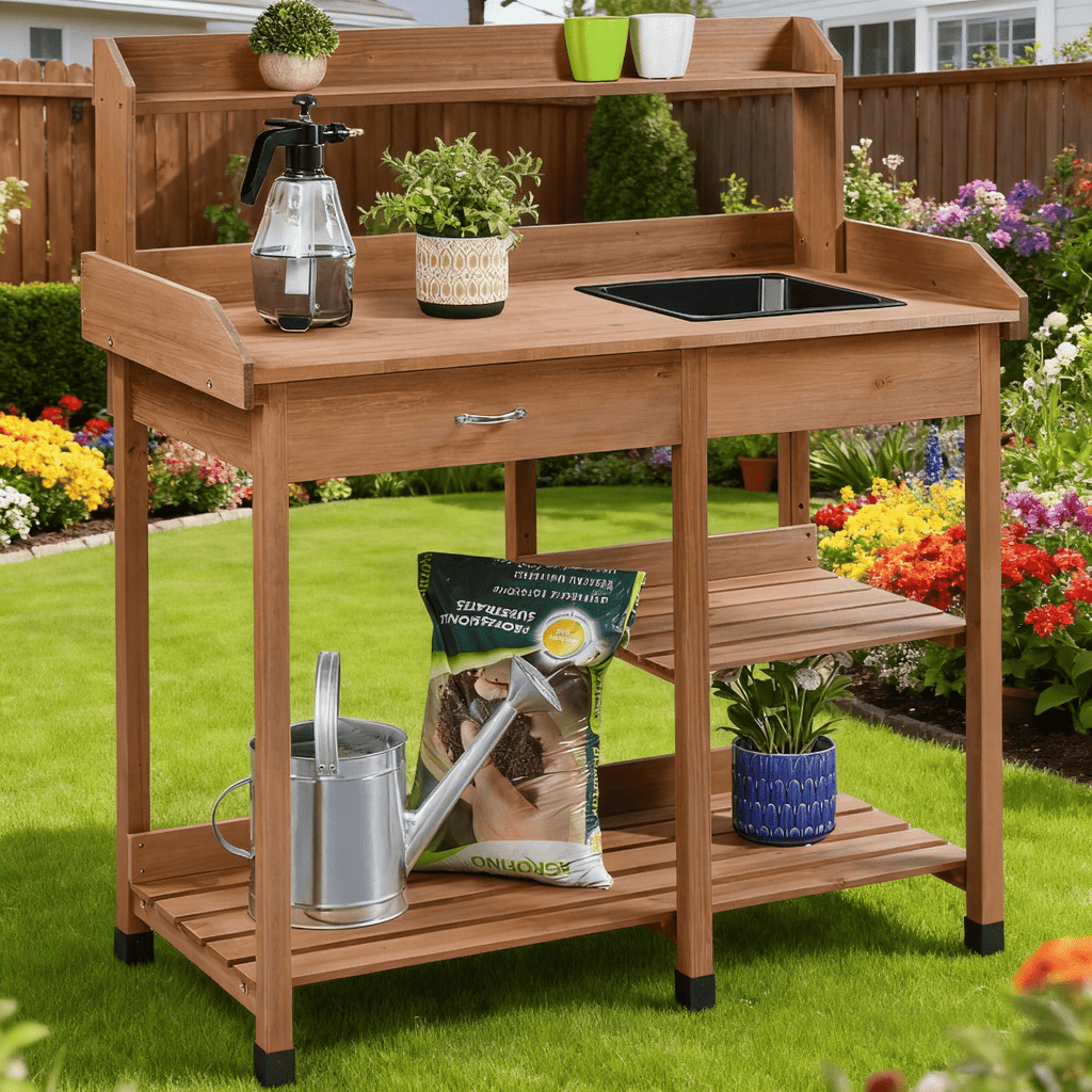Garden Potting Table 4-Tier with Removable Sink, Adjustable Shelf, Drawer & Side Hooks, Outdoor Planter Stand for Yard Greenh