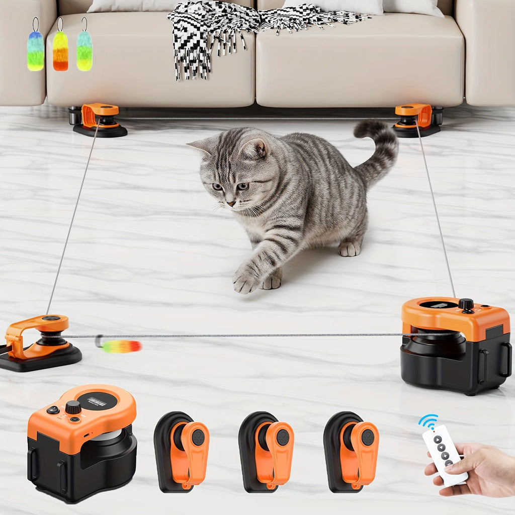Cat Toy Remote-Control Lure Machine with Track Clips, Mouse Squeak, Feather Lures and Three Colors — image 1
