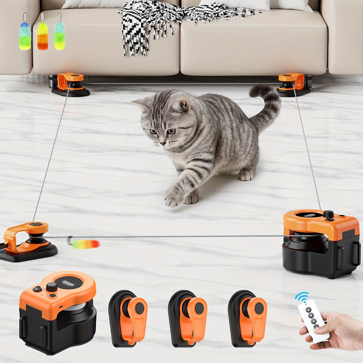 Cat Toy Remote-Control Lure Machine with Track Clips, Mouse Squeak, Feather Lures and Three Colors — image 1