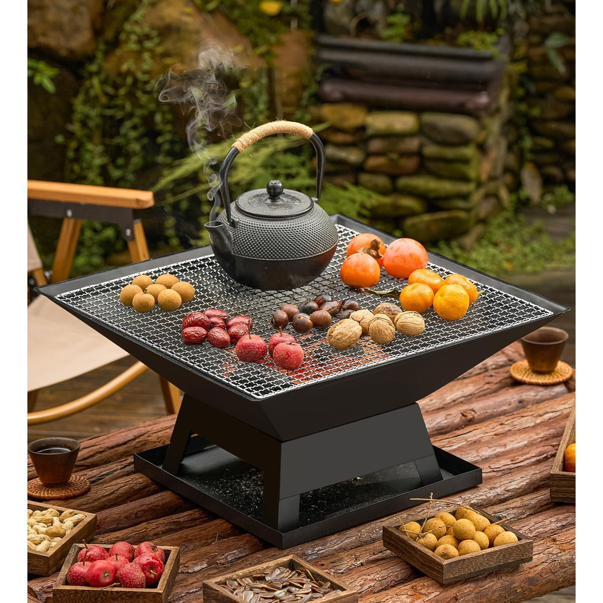 18.5-Inch Black Square Fire Pit and Grill with Mesh Pyramid Cover, Cooking Grate and Long Poker — image 4