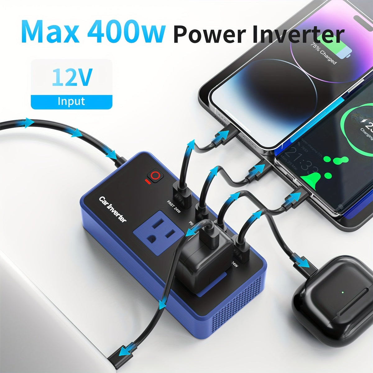 Car Inverter Charger 200W DC 12V to AC 110V with PD 24W USB-C QC 24W Quick Charge Car Plug Adapter US Socket for Vehicle Offi