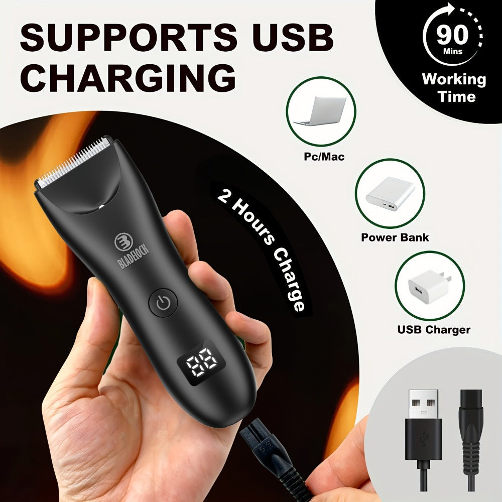 Manscaping Trimmer for Men IPX7 Waterproof Electric Groin and Ball Trimmer Ceramic Blades LCD Battery Display Replaceable Hea