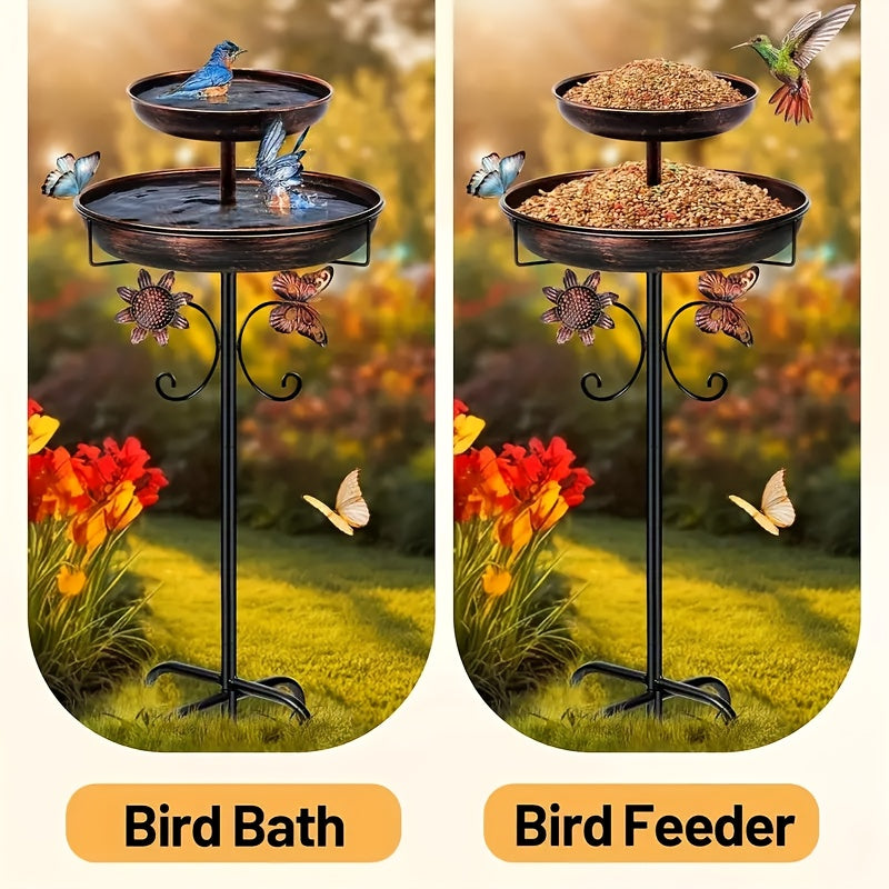 Two-Tier Bird Bath and Feeder with 5-Claw Ground Stake, Copper-Color Bowls and Leaf Accents — image 5