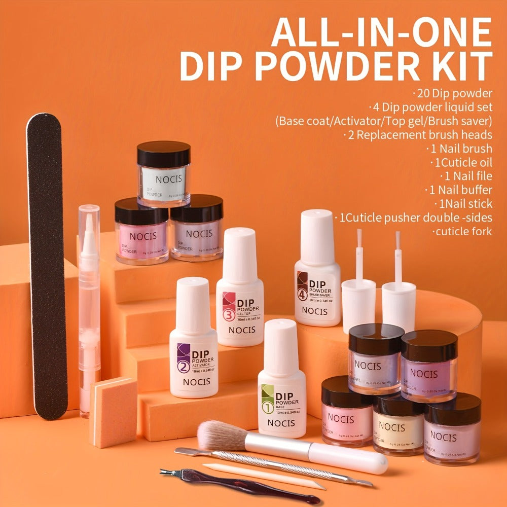 Dip Powder Nail Kit with NOCIS Label, 20 Pink Purple Brown Glitter Powders, Four Liquids and Nail Tools — image 6