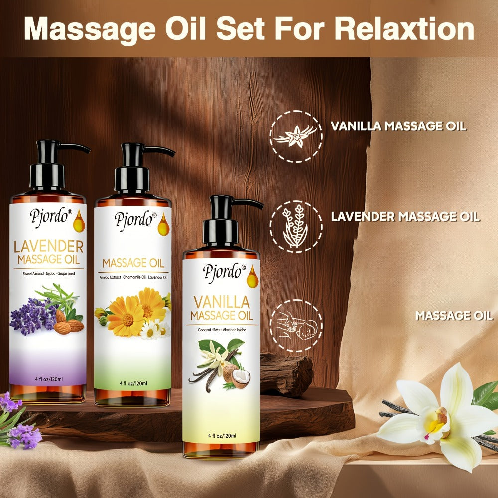 Massage Oil Set 3pcs Roller Ball, Vanilla Arnica & Lavender Essential Oils Moisturizing Body Massage Kit — image 4