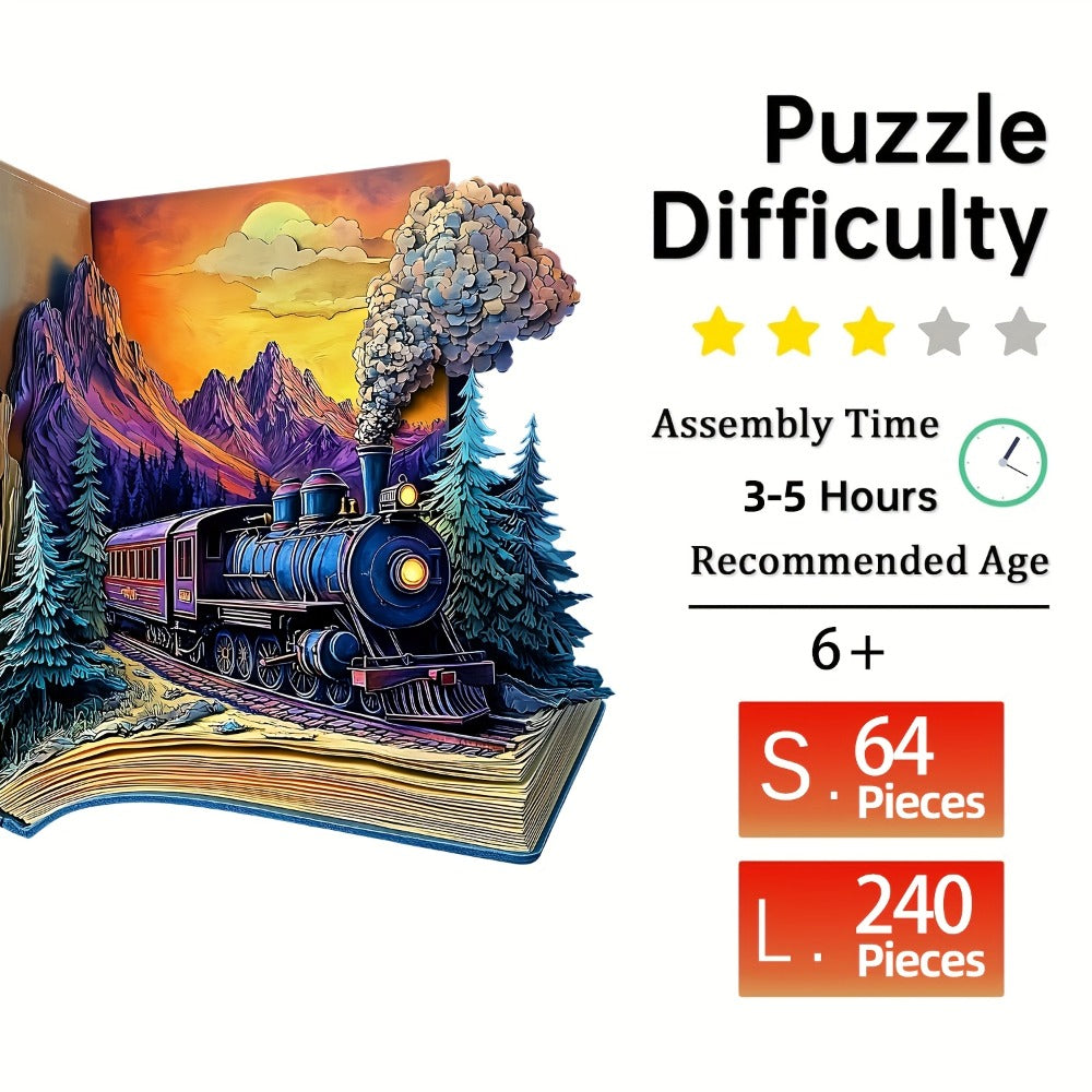 Galloping Train Wooden Jigsaw Puzzle with Book-Style Scene and 5.7 or 11.2 Inch Size Options — image 4