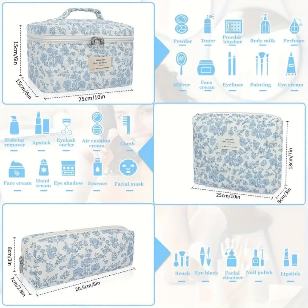 Quilted Makeup Bag Set 3 Pcs Floral Pattern Large Capacity Travel Cosmetic Organizer with Gold Zipper – Polyester Skincare To