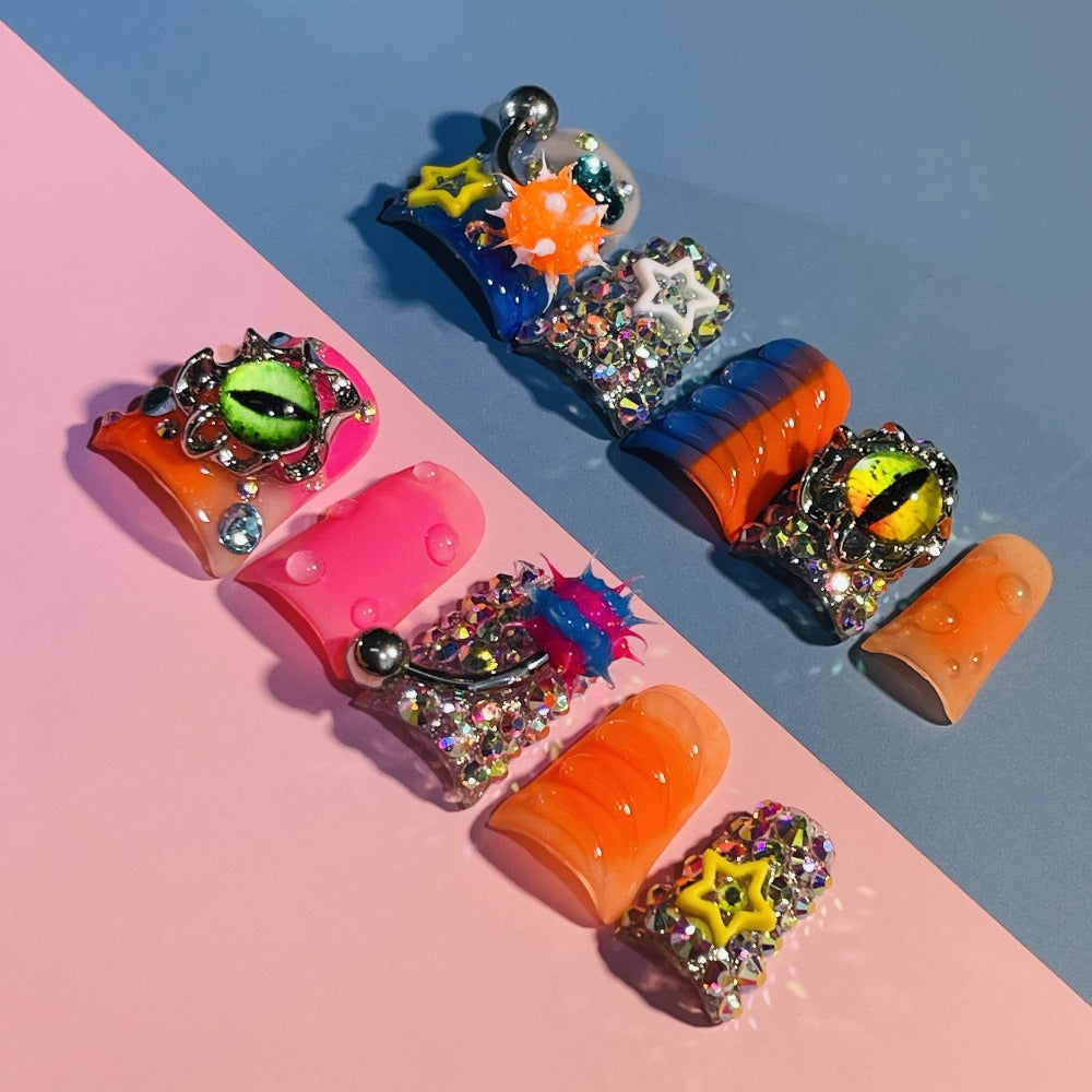 Press On Nails Handmade Y2K Duckbill Set with 3D Eye Barbell Star Rhinestone Charms and S M L Sizes — image 15