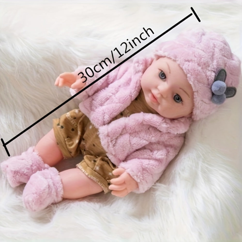 Mini Reborn Baby Doll 12 Inch Pink Plush Outfit Set – 30cm Realistic Newborn Girl Doll with Hat, Socks & Pacifier — image 3