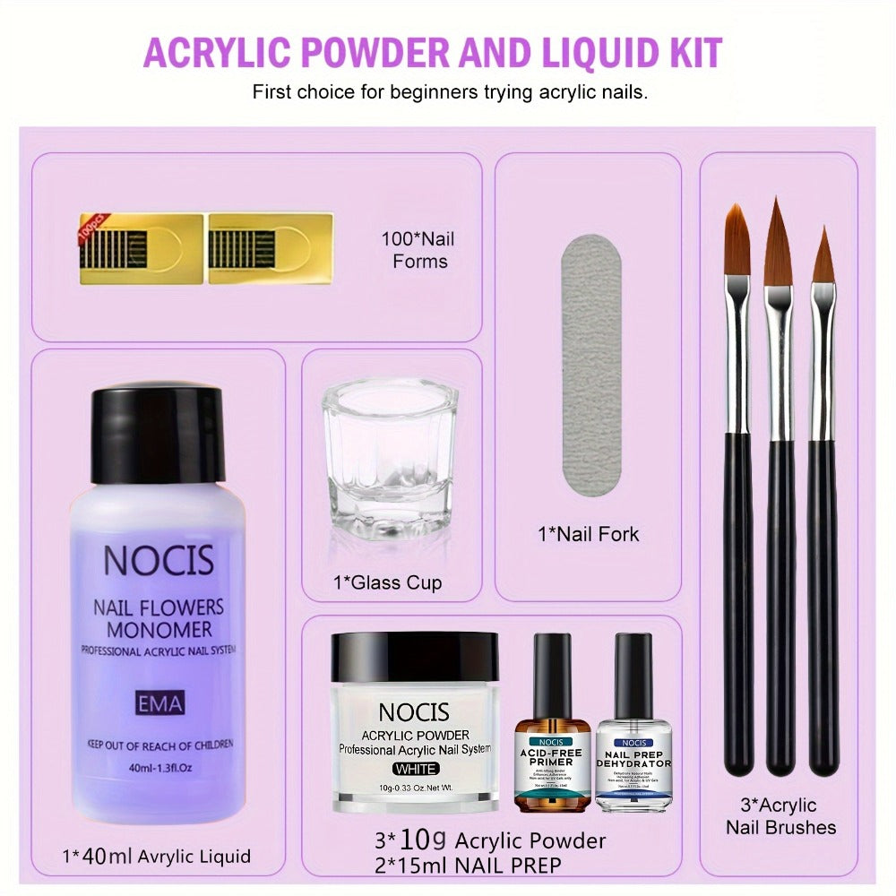 Acrylic Nail Kit NOCIS Clear, Pink and White Powders with Q Monomer, Primer, Brush Cleaner and Four Brushes — image 2