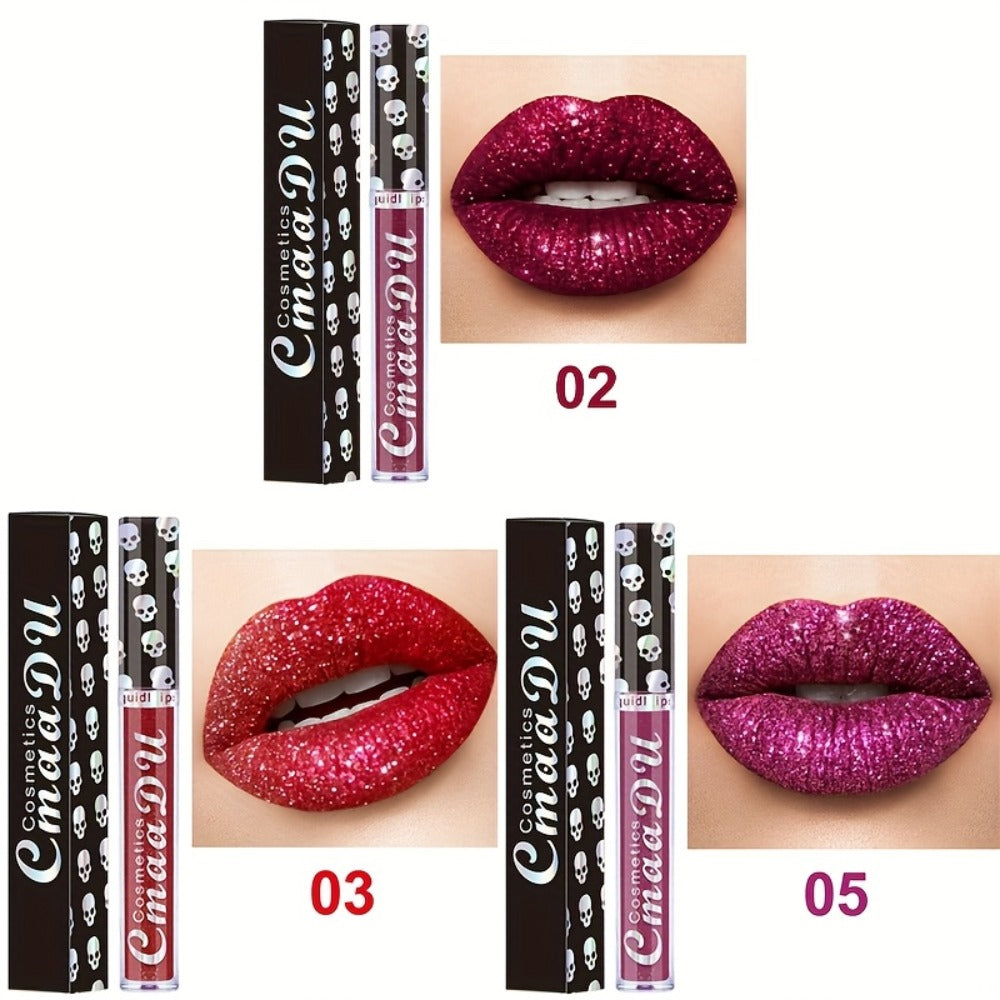 Glitter Lip Gloss Set 3pcs Skull Design Shimmer Liquid Lipstick Long Lasting Easy Remove Bold Shiny Lip Color for Music Festi