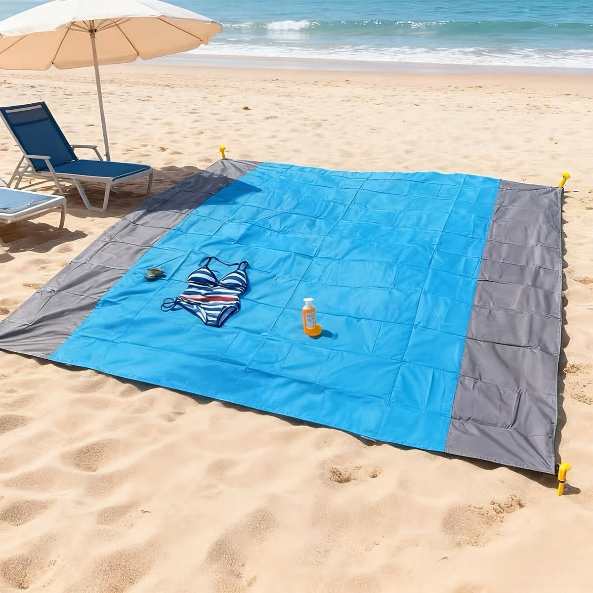 210 x 200cm Picnic Mat with Blue Center Panel, Grey Border, Drawstring Carry Pouch and Ground Stakes — image 5