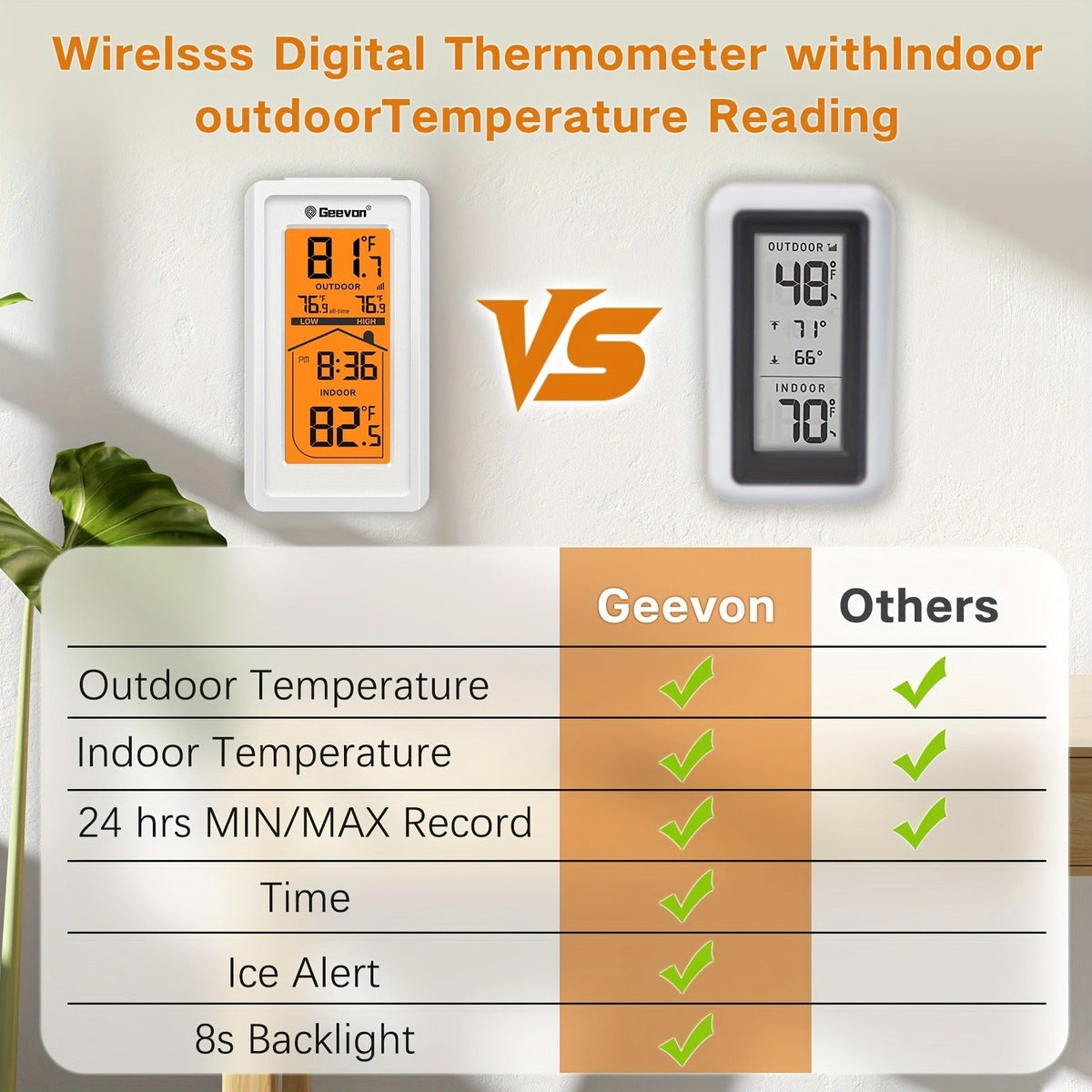 Indoor Outdoor Thermometer Hygrometer – Temperature Humidity Meter with Time Display, 48Hr History, Backlight & Ice Warning —