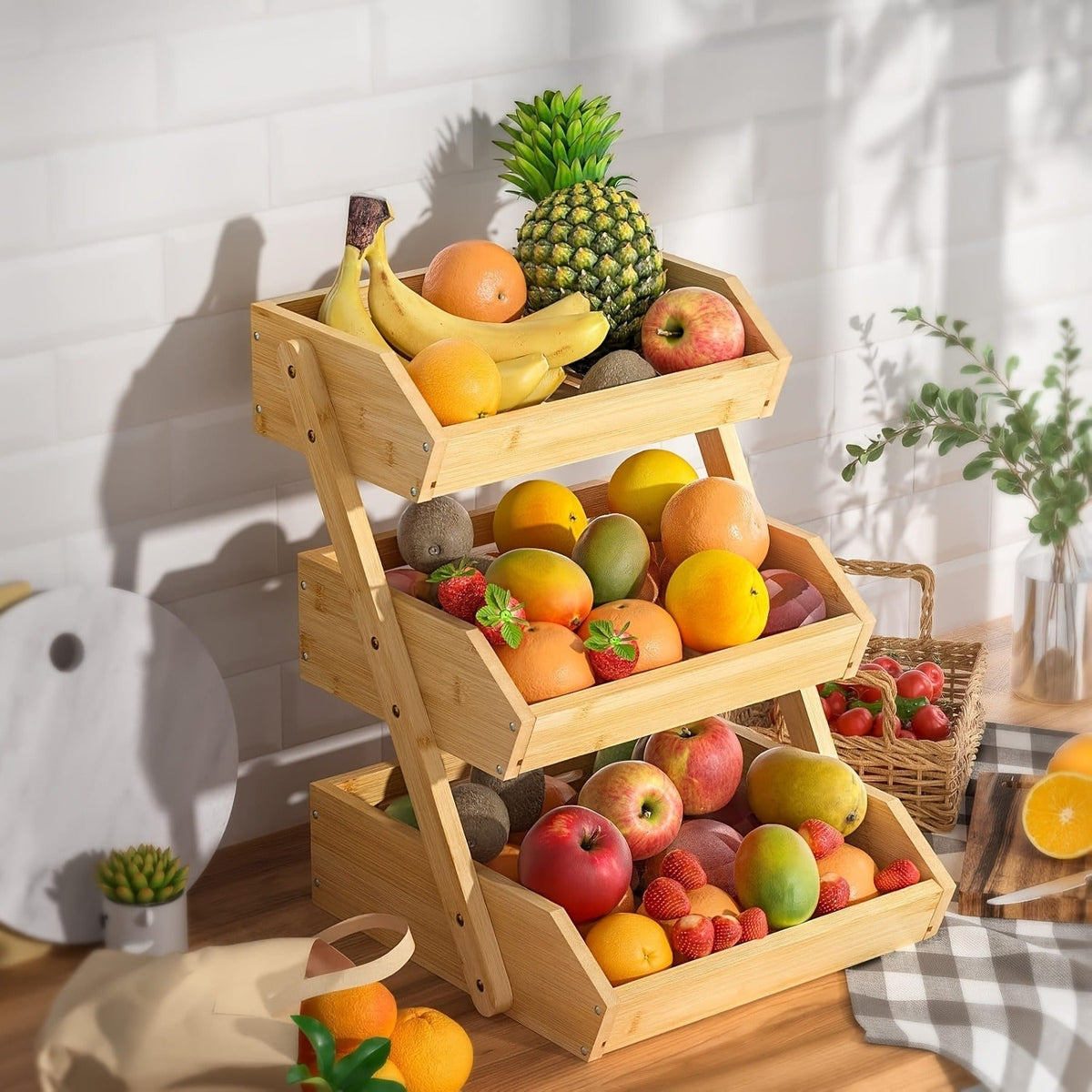 Fruit Basket Stand 2 & 3 Tier Wooden Countertop Organizer Large Capacity Kitchen Storage for Fruits Vegetables Bread Produce 