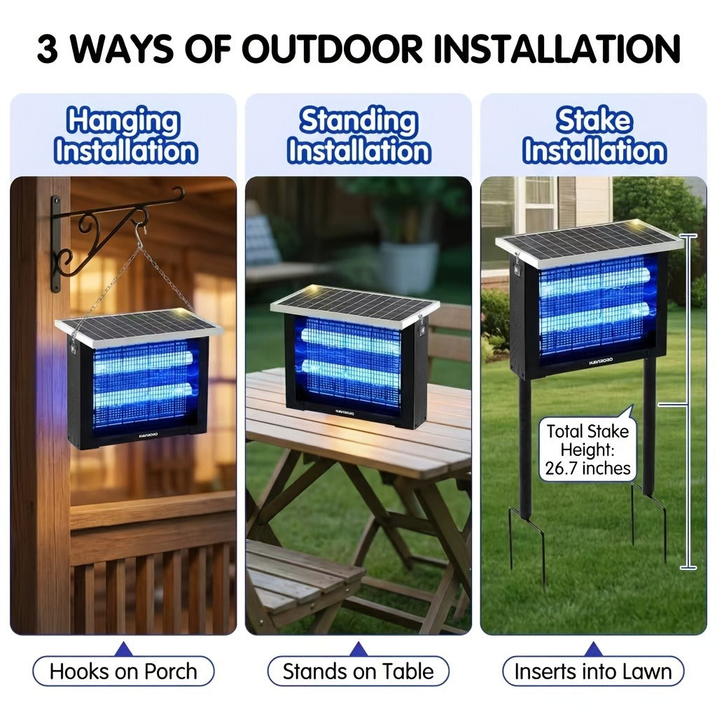 Rectangular Solar Bug Zapper with Blue Grid Light, Panel Top, Ground Stand and Hanging Chain in Black — image 8