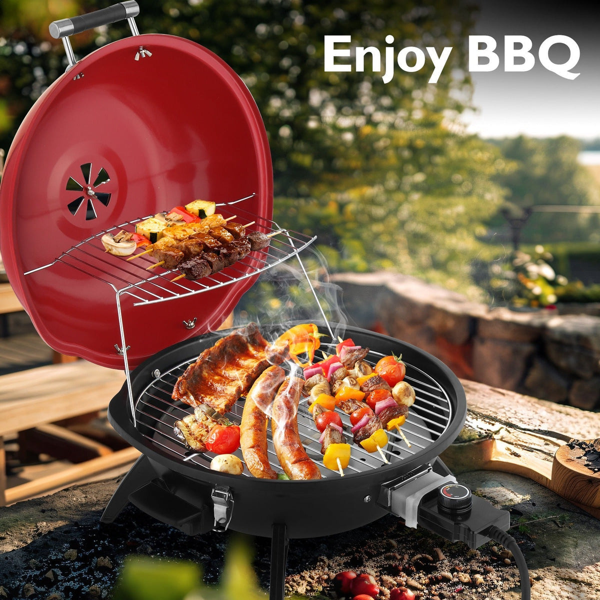 Electric BBQ Grill 1600W Indoor Outdoor Tabletop Grill with Lid Stainless Steel Heating Tube Chrome Grate Cool-Touch Handle —