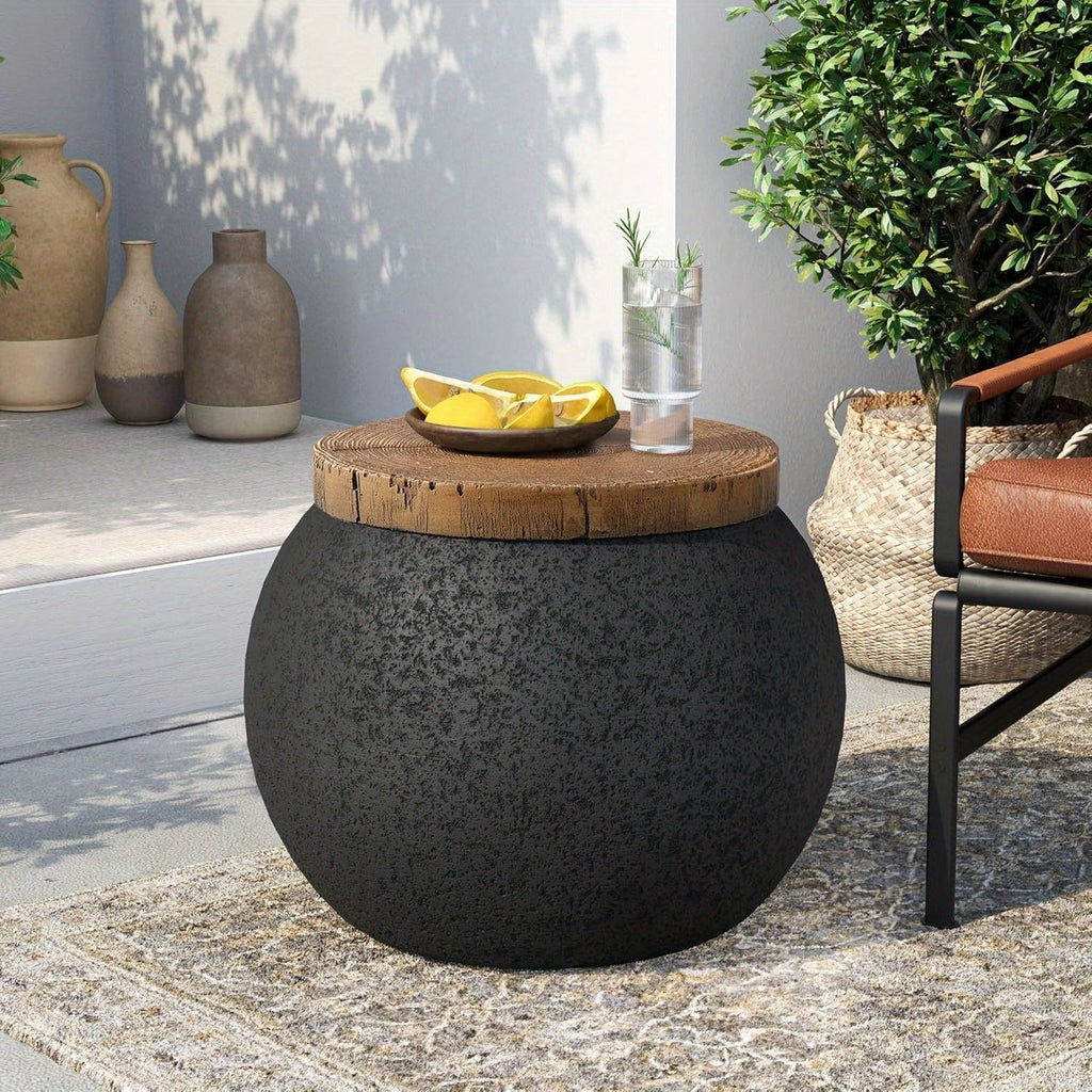 Outdoor Side Table 17-Inch Concrete Design with Wood-Look Top in Black, Hourglass and Compact Options — image 6