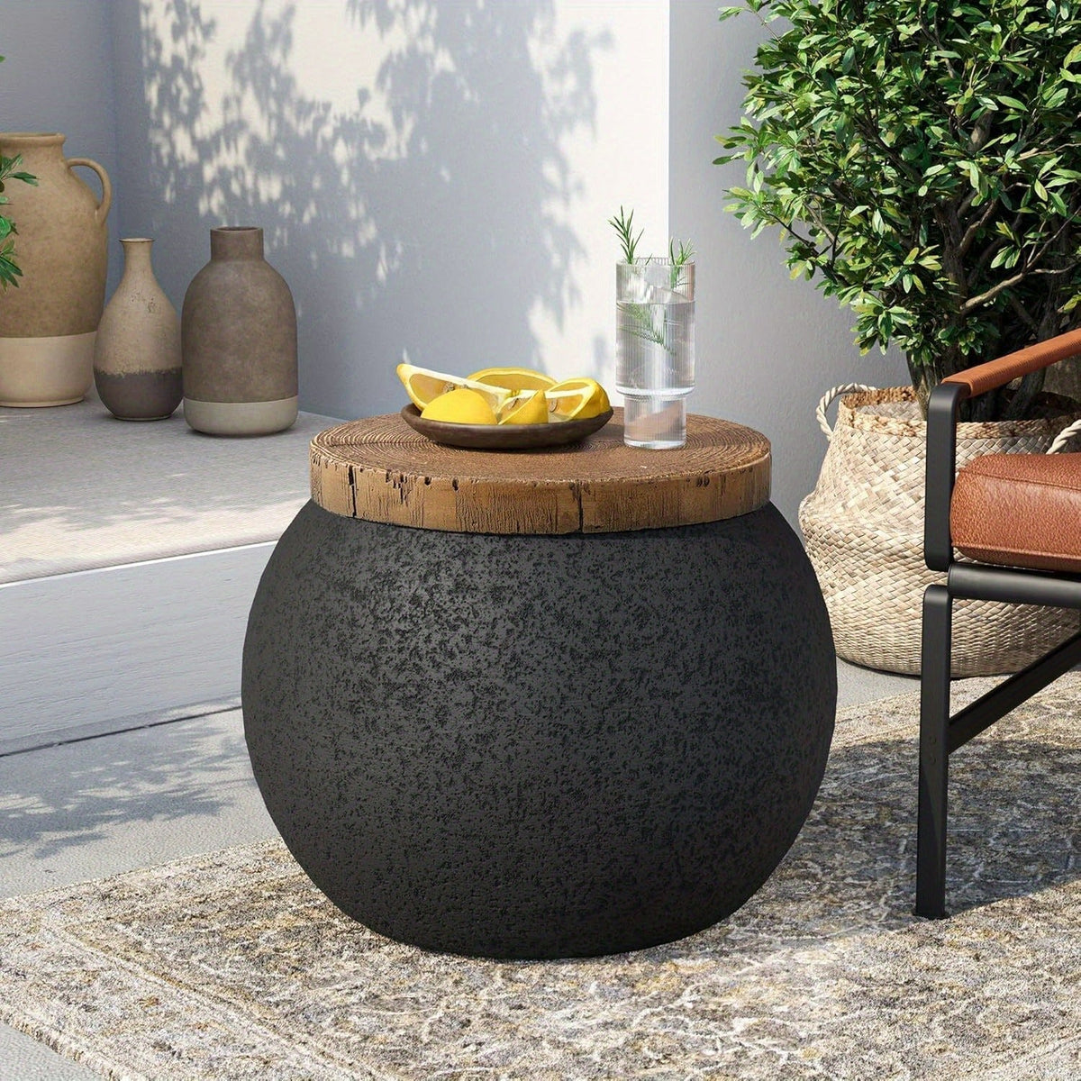 Outdoor Side Table 17-Inch Concrete Design with Wood-Look Top in Black, Hourglass and Compact Options — image 6