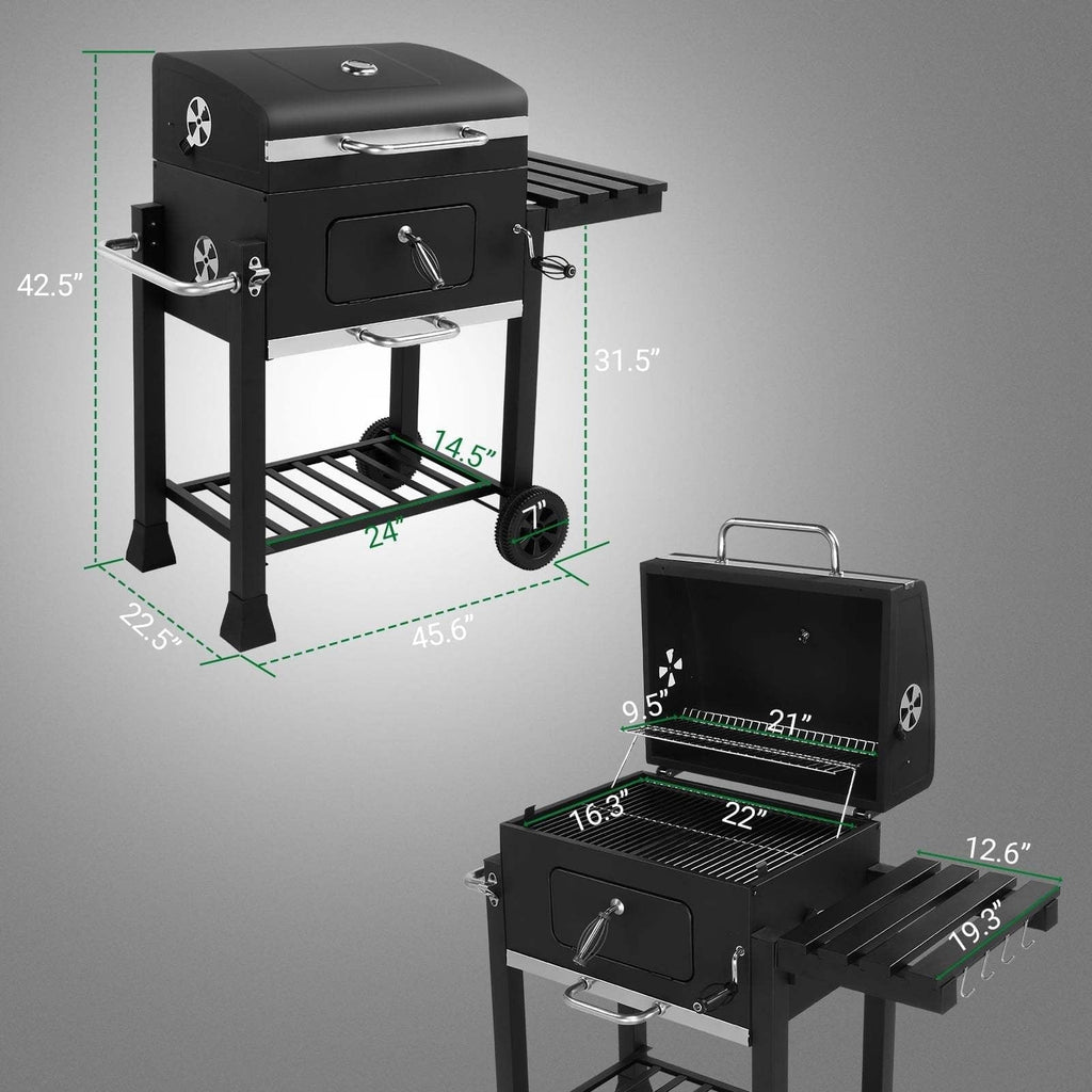 Cart Charcoal Grill with Adjustable Pan, Lid, Wheels, Lower Rack, Thermometer and Folding Side Shelf — image 5