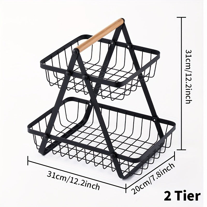 Two-Tier Black Wire Fruit Basket with Wood-Look Carry Handle and 12.2-Inch Countertop Frame — image 5