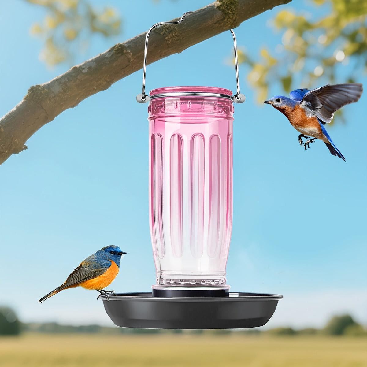 Bird Waterer Outdoor Hanging Glass Wild Bird Water Dispenser with Metal Handle – Gravity Fed Garden Yard Patio Tree Bird Feed