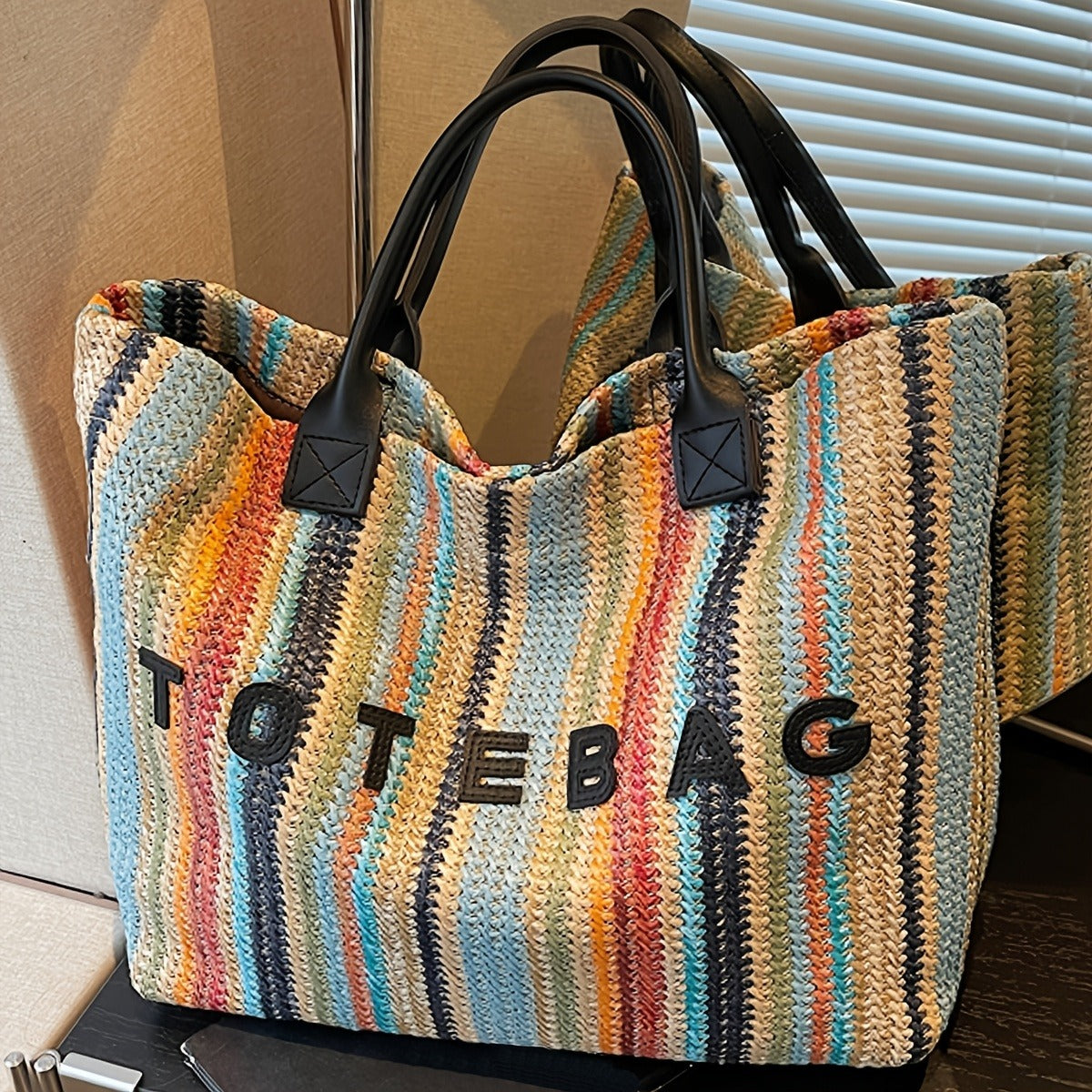 Straw Tote Bag for Women Large Capacity Bohemian Hand-Woven Striped Beach Bag Summer Vacation Shoulder Bag Colorful Letter Pa