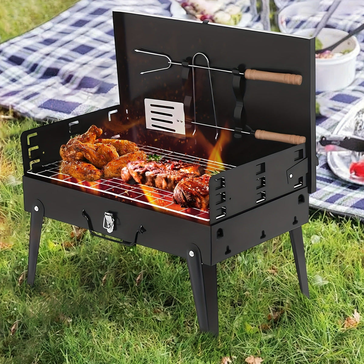 Charcoal Grill Portable BBQ with Hood – Foldable Compact Outdoor Barbecue Grill for Camping Tailgating Picnic Backyard Cookou